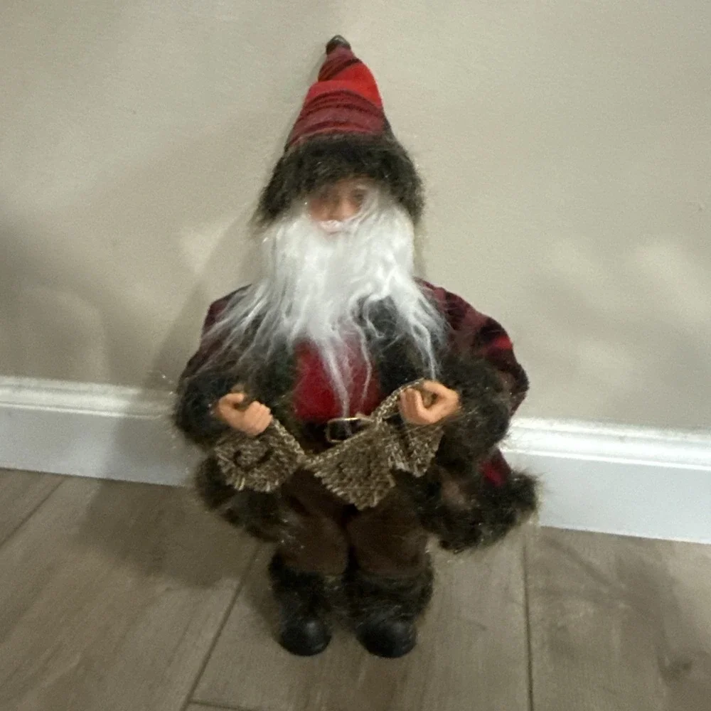 16‎ inch Tall Standing Santa Claus Holding JOY sign Red Plaid Coat Fur Accents